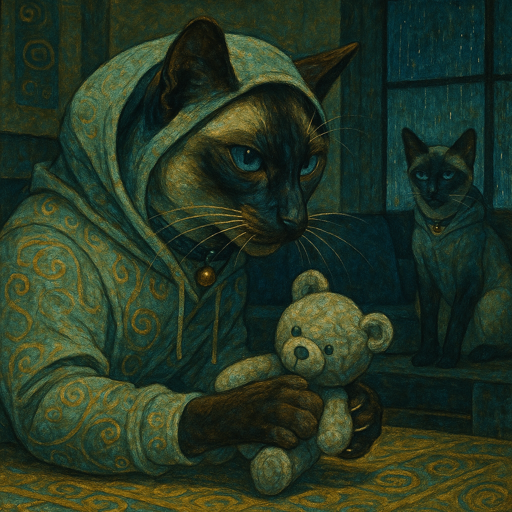 ぬいぐるみと雨の夜のシャム猫