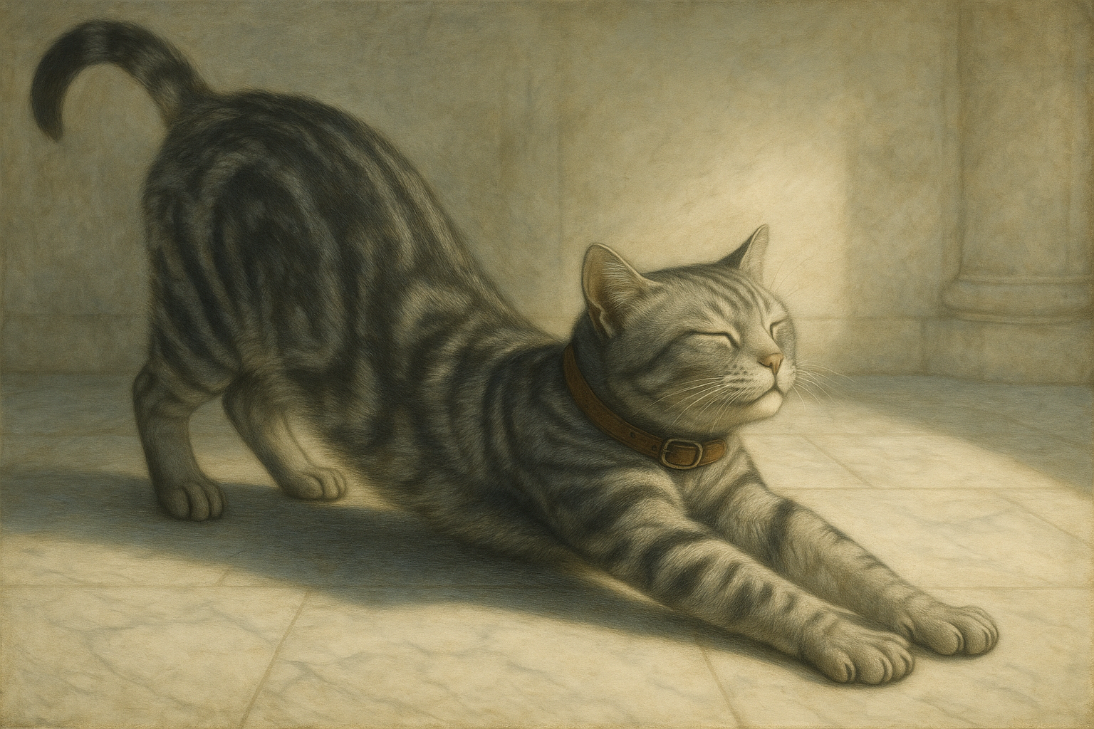 朝陽に伸びる銀猫の優雅