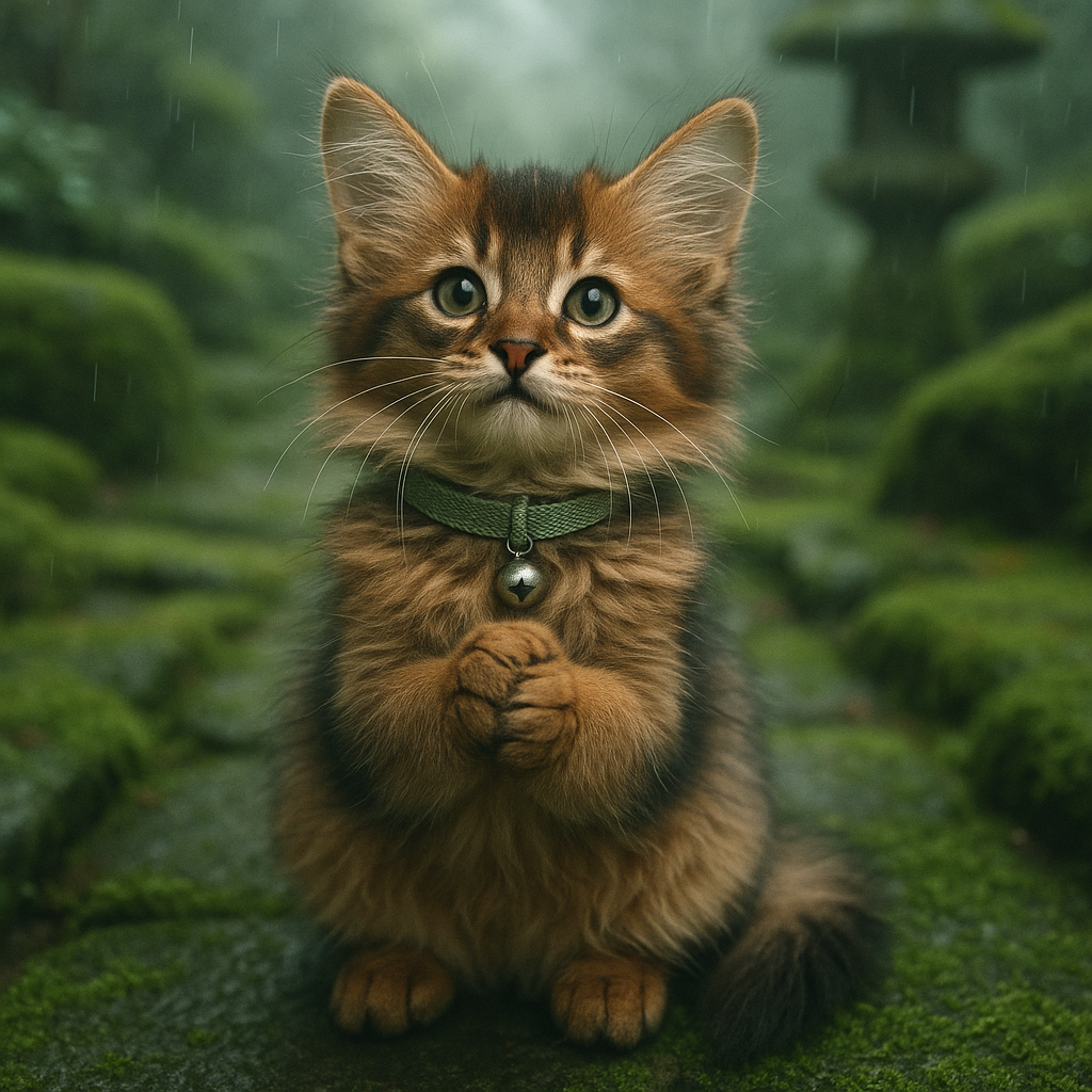 霧雨の庭でお願いするソマリの仔猫