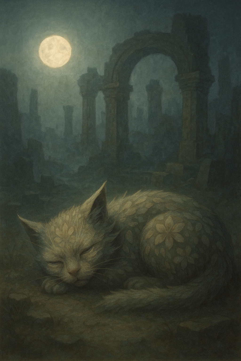 月光に眠る花模様の精霊老猫と古代遺跡の秘密