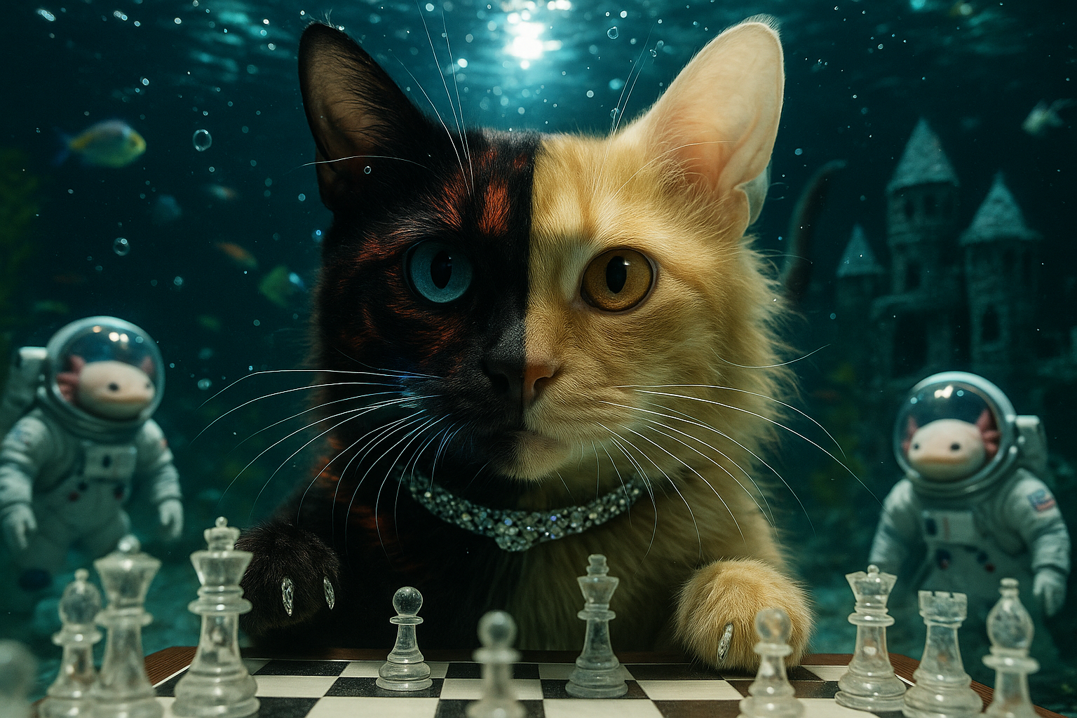 水中チェス対決:異種猫と宇宙ウーパールーパーの夜