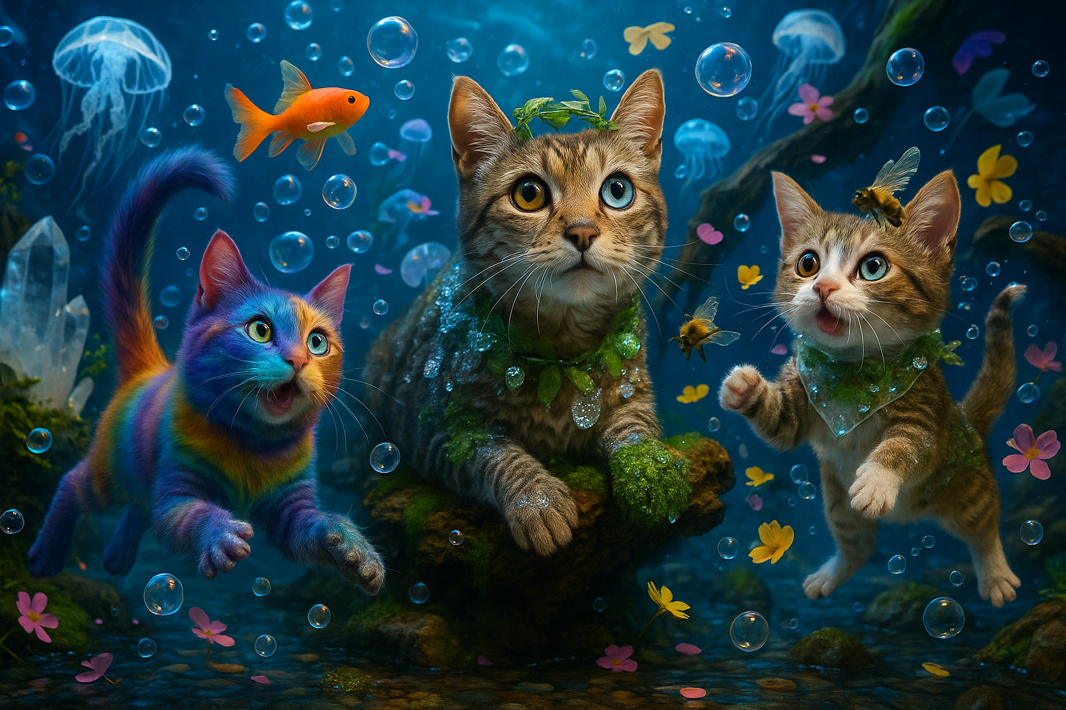 水中ファンタジー!浮遊する虹色猫たちの大冒険