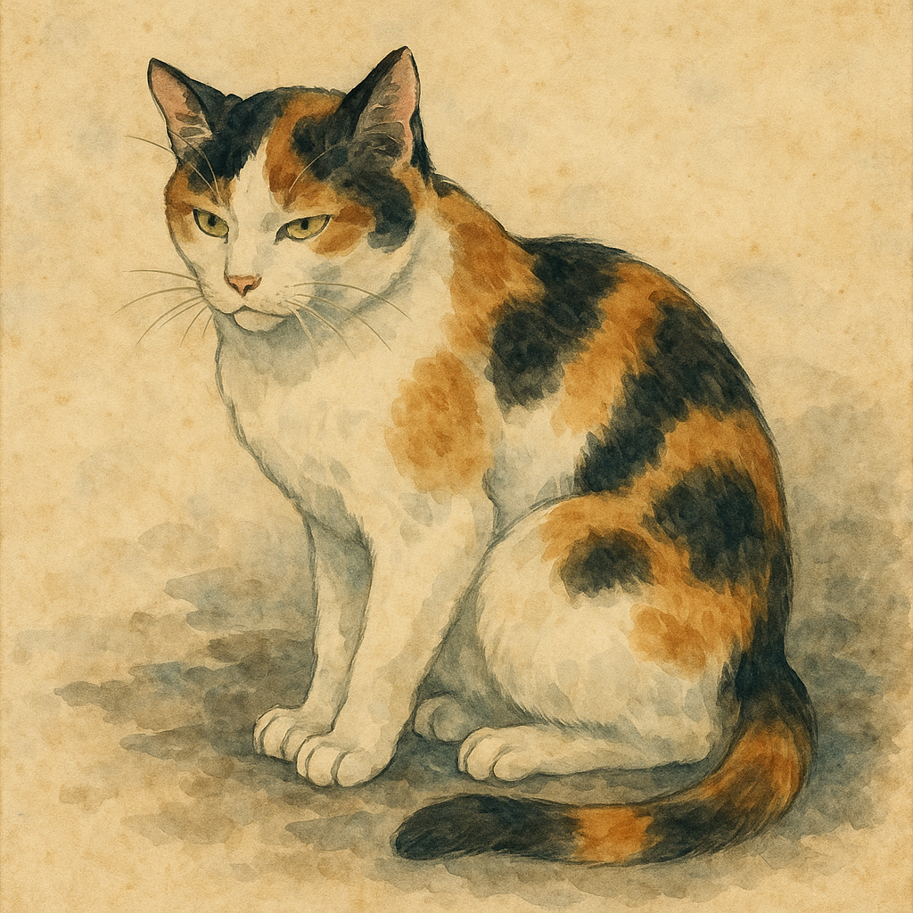 水彩に溶ける三毛猫のひととき