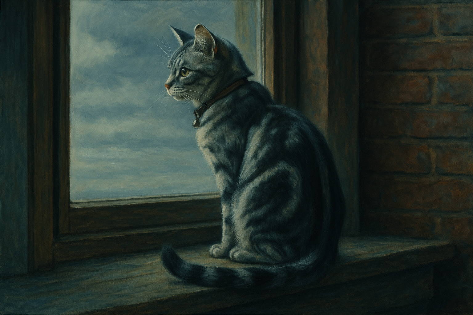 秋の窓辺で物思いにふけるアメリカンショートヘア