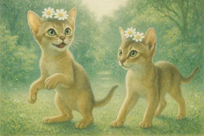 朝の庭で踊るアビシニアン仔猫たち