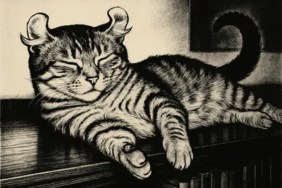 眠そうなアメリカンカールとモノクロ図書館の夢