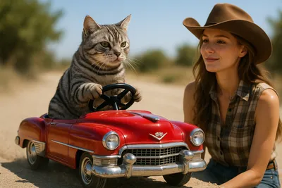 おもちゃのキャデラックで風を切る猫