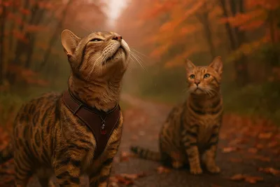 秋の森で風を嗅ぐベンガル猫たち