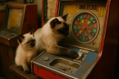 昭和メダルゲームに夢中なバリニーズの親猫