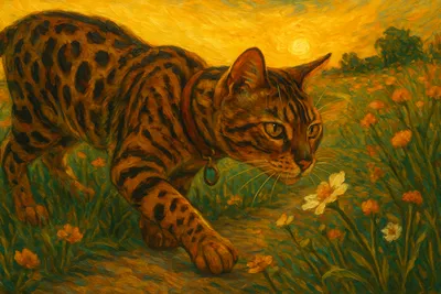 夕暮れの小道を探検するベンガル猫