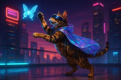 未来都市のホログラムバタフライを追うベンガル猫