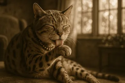 陽だまりの中で毛づくろいする老ベンガル猫