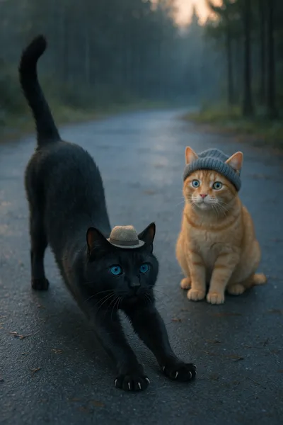 夕暮れの森とふたりの紳士猫