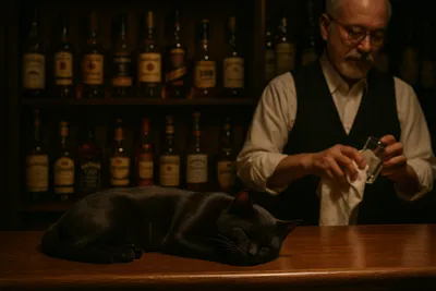 黒猫ボンベイ、静かな夜のバーカウンター