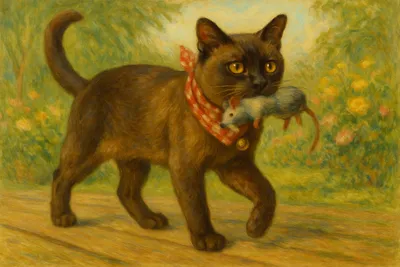 おもちゃをくわえて歩くバーミーズ