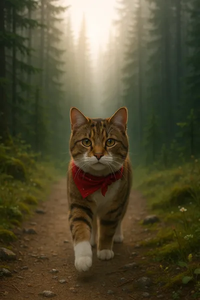 カナダの森を歩く冒険好きな猫