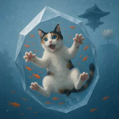 天空水晶に閉じ込められた三毛猫と金魚の夢