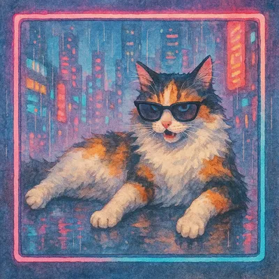 ネオンの下で挑む三毛猫