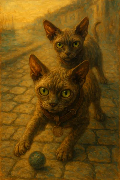 石畳の路地とボールを追う猫たち