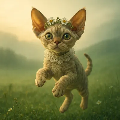 朝もやの草原で跳ねるデボンレックスの仔猫