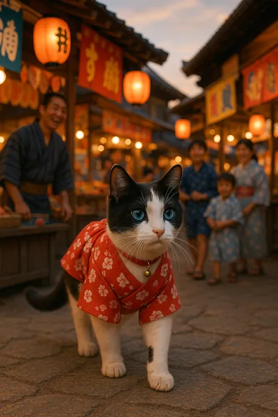 江戸縁日の夕暮れを歩く猫