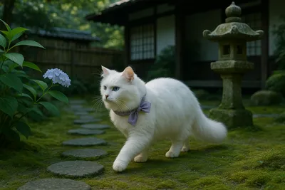 江戸の庭に舞う白猫の初夏