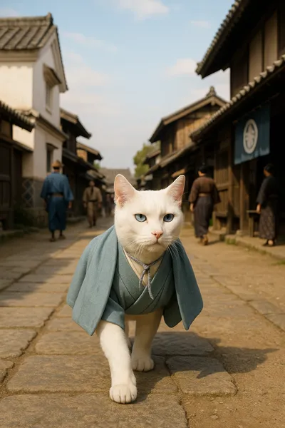 城下町をゆく若侍白猫