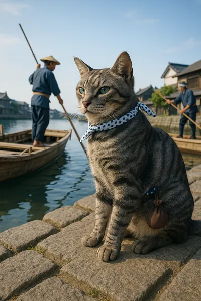 江戸の渡し船場に佇むサバトラ猫