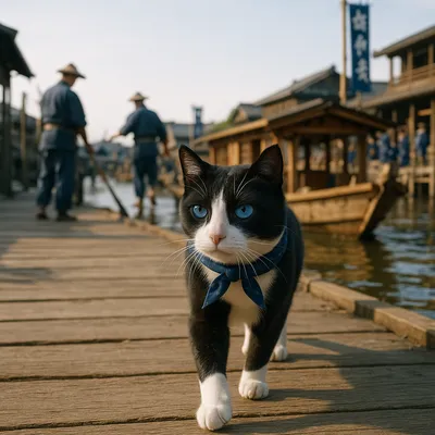 川辺を歩く藍手拭いの黒白猫