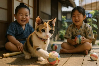 江戸の夏、縁側で遊ぶ三毛の仔猫