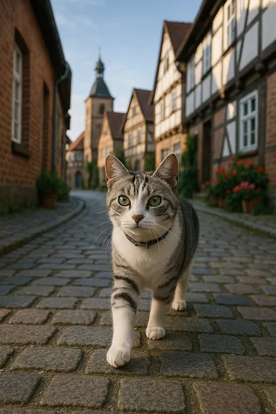 歴史的な街並みを歩く朝のヨーロピアンショートヘア