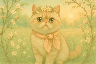 春の庭でたたずむエキゾチックショートヘア