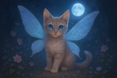 月光の下でたたずむ蒼翼の妖精仔猫