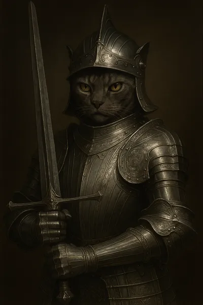 黙して剣を構える黒鉄の猫騎士