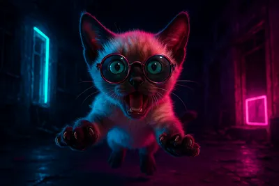 ネオンの廃墟を翔けるシャム仔猫