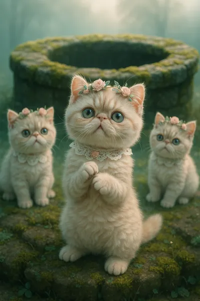 苔むした井戸と花冠の子猫たち