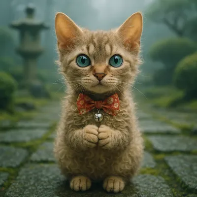 おねだりポーズのラパーマ仔猫と霧の日本庭園