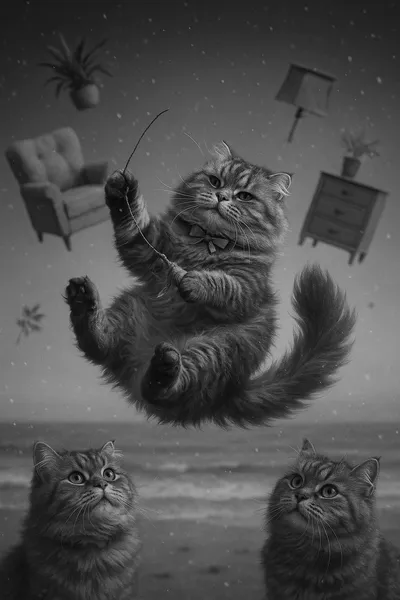 宙を舞うスコティッシュフォールドと不思議な冬の浜辺