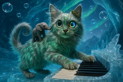 氷洞ブルーに響く—魔法仔猫とゾウの友情ピアノ