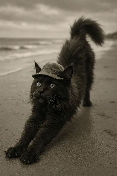 帽子をかぶったメインクーン老猫、浜辺のモノクロームストレッチ