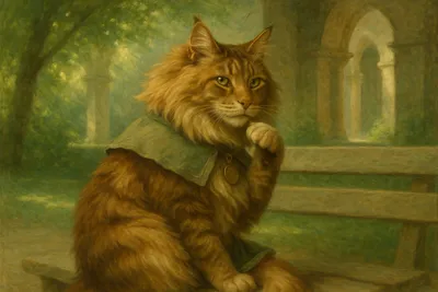 修道院の庭で考える猫