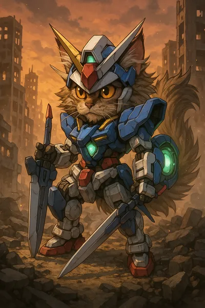 黄昏の廃墟に立つ剣士メインクーン