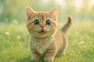 春の野原で冒険を始めたマンチカンの仔猫