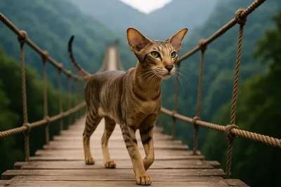 高き橋を渡る勇敢なる猫、オリエンタルの旅