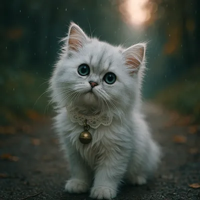 森の小径で首をかしげるペルシャ仔猫