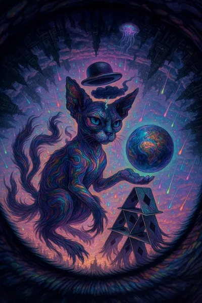 マルチバースの雷雲スフィンクスと浮遊トランプの塔