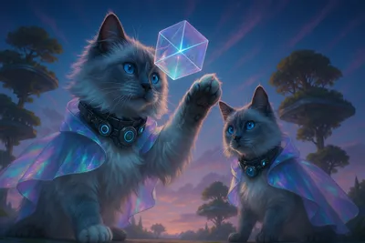 浮遊庭園でキューブと戯れるラグドール姉妹