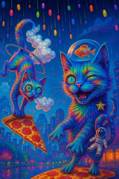 虹色スパイク猫とゼリービーンズの空中ピザパーティ