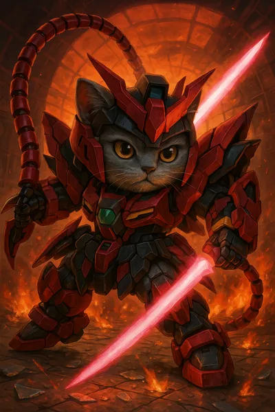 炎の戦場に立つ赤き戦士猫