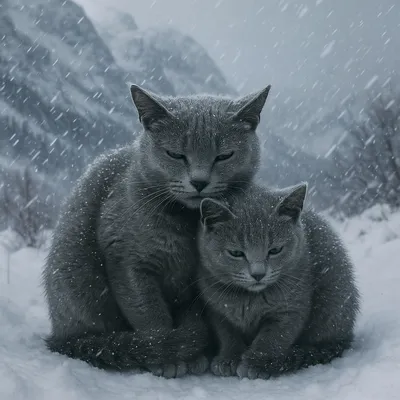 春を待つロシアンブルーの親子